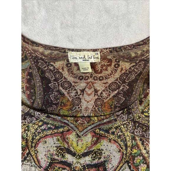 One World 2X Boho Paisley Mixed Print Top Scoop Neck 3/4 Sleeve Stretch Blouse - Picture 8 of 11